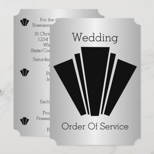 Art Deco Schwarz-Weiß-Silber-Hochzeitsprogramm Einladung (Vorne/Hinten)