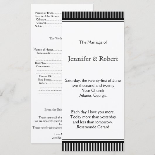 Art Deco Schwarz-weiß Stripe Wedding Programm (Vorne/Hinten)