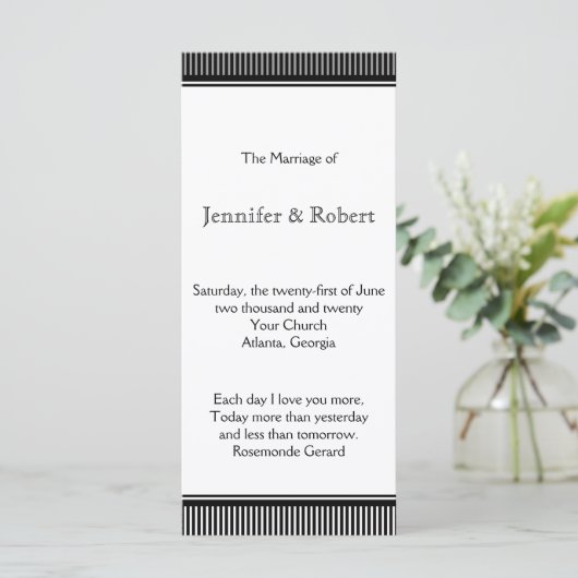 Art Deco Schwarz-weiß Stripe Wedding Programm (Stehend Vorderseite)