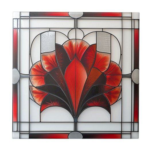 Art Déco Schwarz-weißes, aus Glas bestehendes Blum Fliese (Vorderseite)