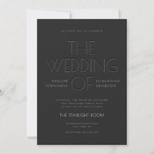 Art Deco Schwarze Faux-Prägung-Typografie-Hochzeit Einladung