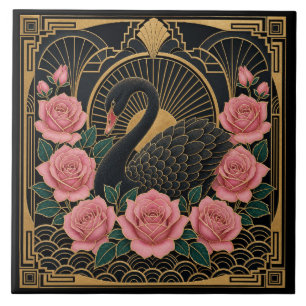 Art Deco Schwarzer Schwan und rosa Rosen Fliese