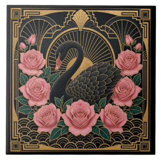 Art Deco Schwarzer Schwan und rosa Rosen Fliese