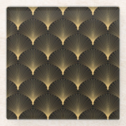 Art Deco: Schwarzes goldenes Muster. Glasuntersetzer (Vorderseite)