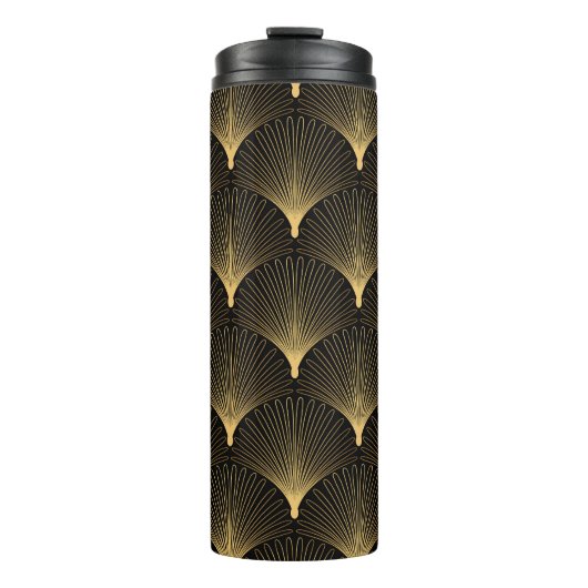 Art Deco: Schwarzes goldenes Muster. Thermosbecher (Vorderseite)