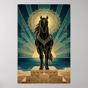 Art Deco schwarzes Pferd Mandala Sonnenuntergang T Poster