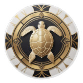 Art Deco Sea Turtle Schwarz-weißes Gold Keramikknauf (Vorderseite)