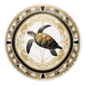 Art Deco Sea Turtle Schwarz-weißes Gold Keramikknauf (Vorderseite)