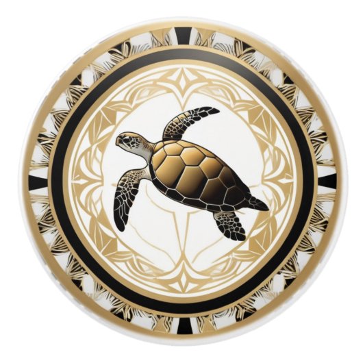 Art Deco Sea Turtle Schwarz-weißes Gold Keramikknauf (Vorderseite)