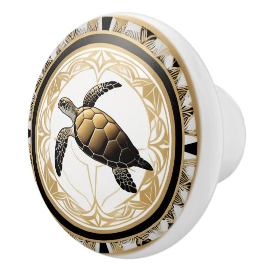 Art Deco Sea Turtle Schwarz-weißes Gold Keramikknauf (Rechts)