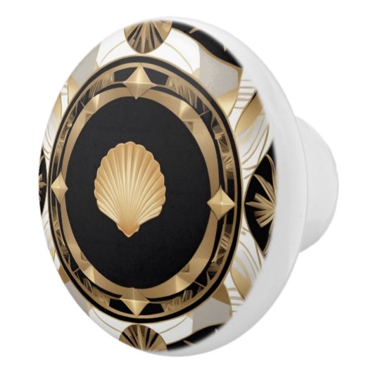 Art Deco Seashell Schwarz-weiße und Gold Muschel Keramikknauf (Rechts)