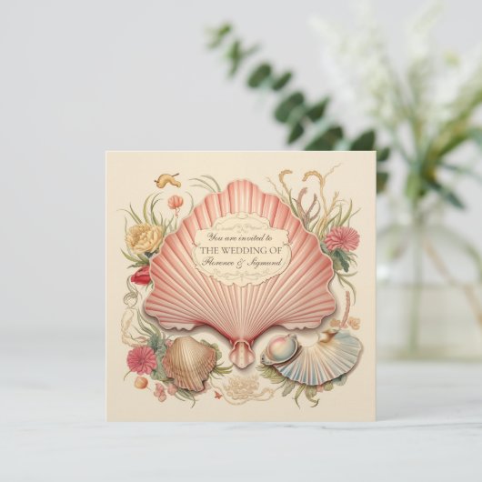 Art Déco Seaside Seashell Wedding Invitation Einladung (Stehend Vorderseite)