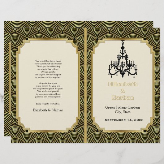 Art Deco seigaiha Kronleuchter Gold Hochzeitsprogr (Vorne/Hinten)