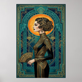 Art Deco Seitenprofil Tänzerin Gold Türkis Fächer  Poster