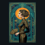 Art Deco Seitenprofil Tänzerin Gold Türkises Fäche Poster<br><div class="desc">Erfassen Sie die fließende Eleganz einer Kabarett-Performance der 1920er Jahre mit dieser atemberaubenden Art Deco-Silhouette. Eine grazile Tänzerin im Seitenprofil hält einen Fächer, vor einem strahlenden goldenen Sonnenstrahl und einer tief türkis getönten geometrischen Architektur. Die Komposition ist von aufwendigen Mustern gerahmt und macht dieses Bild zu einem perfekten Hingucker für...</div>
