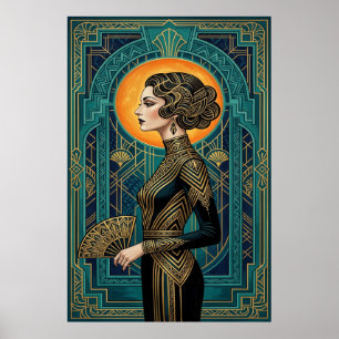 Art Deco Seitenprofil Tänzerin Gold Türkises Fäche Poster