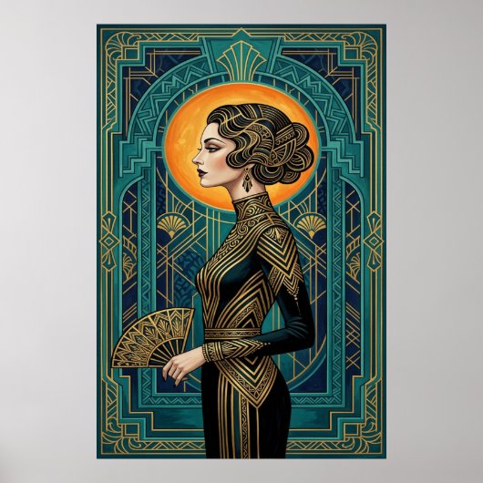 Art Deco Seitenprofil Tänzerin Gold Türkises Fäche Poster (Vorne)