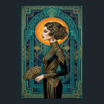 Art Deco Side Profile Dancer Gold Teal Fan Poster<br><div class="desc">Capture the fluid elegance of a 1920s cabaret performance with this stunning Art Deco silhouette. Featuring a graceful dancer in side profile holding a fan, set against a radiant golden sunburst and deep teal geometric architecture. The composition is framed by intricate patterns, making this a perfect statement piece for a...</div>