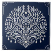 Art Deco Silber Baum Perlen Marineblau Fliese (Vorderseite)