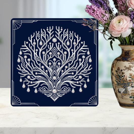 Art Deco Silber Baum Perlen Marineblau Fliese