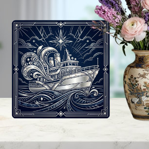 Art Deco Silber-Dampfschiff-Wellen Sternennacht Fliese