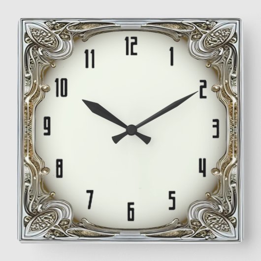 Art Deco Silber Quadratische Wanduhr (Vorderseite)