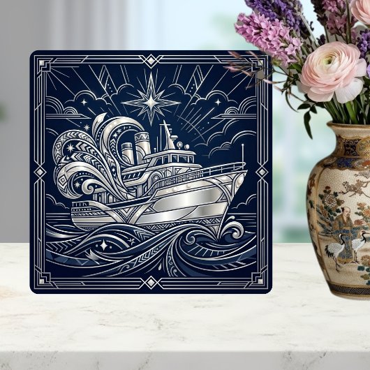 Art Deco Silver  boat Ocean Waves Starry Night Fliese