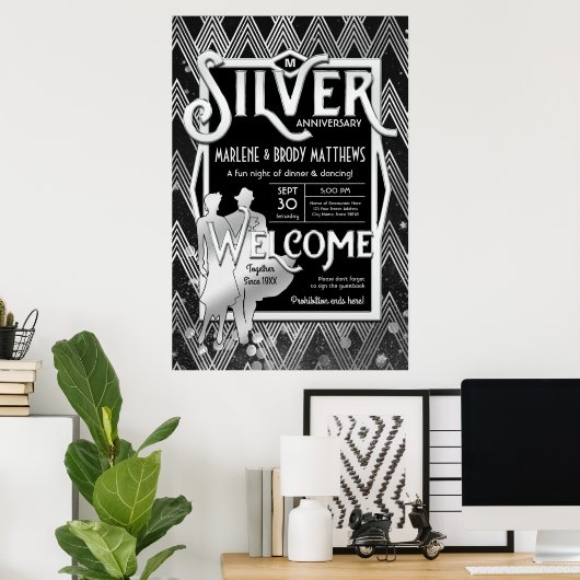 Art Deco Silver Wedding Jubiläum Party Willkommen Poster (Heimbüro)
