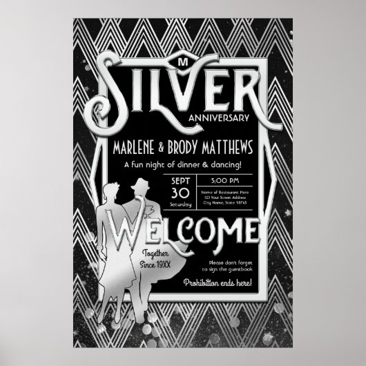 Art Deco Silver Wedding Jubiläum Party Willkommen Poster (Vorne)