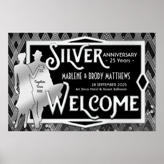 Art Deco Silver Wedding Jubiläum Party Willkommen Poster (Vorne)