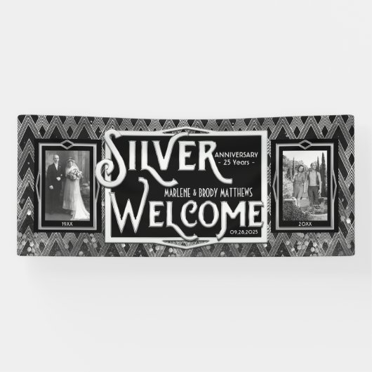 Art Deco Silver Wedding Jubiläum Willkommen Foto Banner (Horizontal)