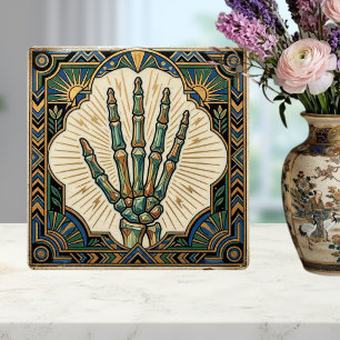 Art Deco Skelett-Hand grün-gold geometrisches Desi Fliese