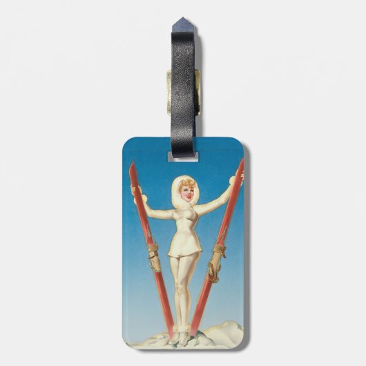 Art Deco Ski Blonde Button Up Gepäckanhänger (Rückseite vertikal)