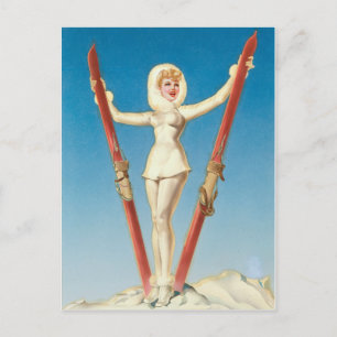 Art Deco Ski Blondine Pin Up Postkarte