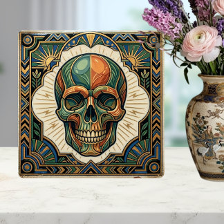 Art Deco Skull Emerald Green Orange Gold Ceramic T Fliese