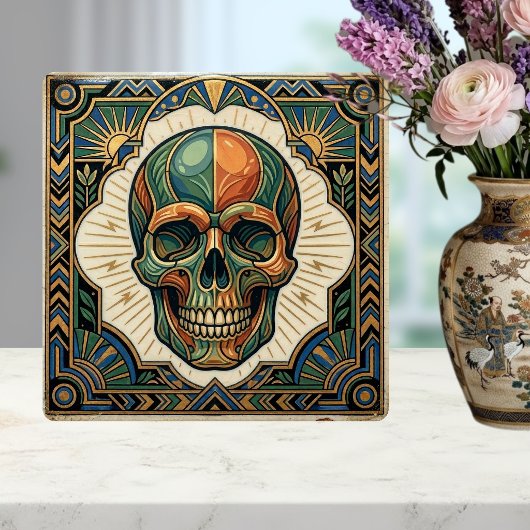 Art Deco Skull Emerald Green Orange Gold Ceramic T Fliese
