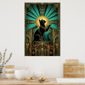 Art Deco Smaragd-Halo Smaragd-Thron-Katze Poster (Küche)