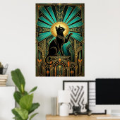 Art Deco Smaragd-Halo Smaragd-Thron-Katze Poster (Heimbüro)