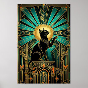 Art Deco Smaragd-Halo Smaragd-Thron-Katze Poster