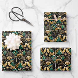 Art Deco Smaragd Silvester Muster Geschenkpapier Set