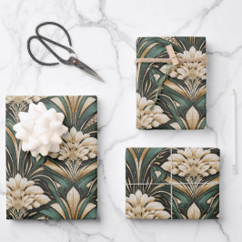 Art Deco Smaragd vergoldetes Blütenmuster Geschenkpapier Set