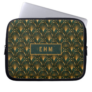 Art Deco Smaragdgrün Gold Individuelles Monogramm Laptopschutzhülle