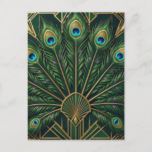 Art Deco Smaragdgrüne Gold-Pfauenfedern Postkarte