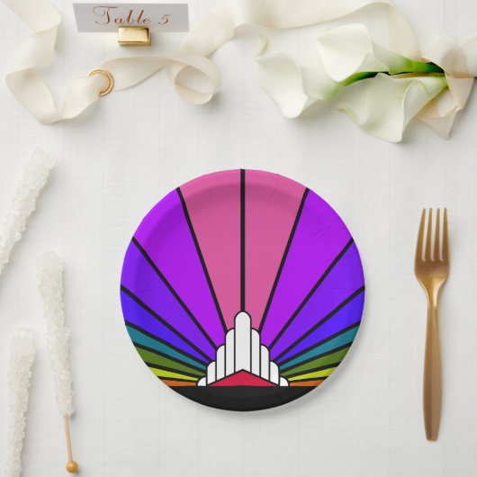 Art Deco Sonne im Regenbogen Papier Teller (Hochzeit)
