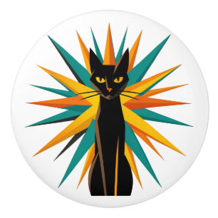 Art Deco Sonnenstrahl Katze Orange und Türkis Keramikknauf