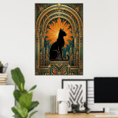 Art Deco Sonnenstrahl Schwarze Katze Wandkunst Poster (Heimbüro)