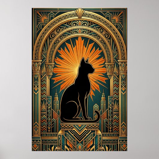 Art Deco Sonnenstrahl Schwarze Katze Wandkunst Poster (Vorne)