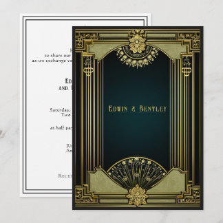 Art Deco Sophisticated Gold, Schwarz & Salbeigrün Einladung