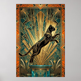 Art Deco springende schwarze Katzenwandkunst Poster