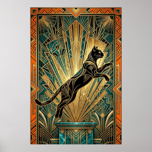 Art Deco springende schwarze Katzenwandkunst Poster
